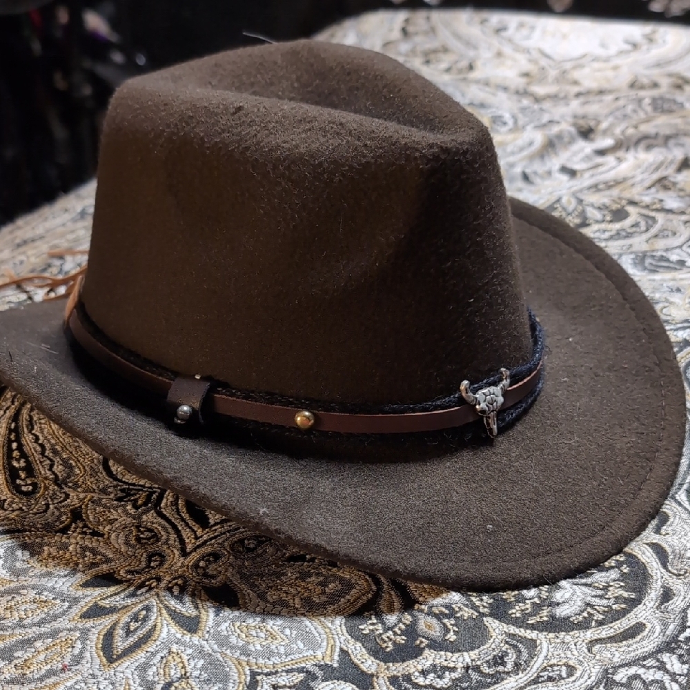 Brown Cowboy Hat with Bull Head Accent